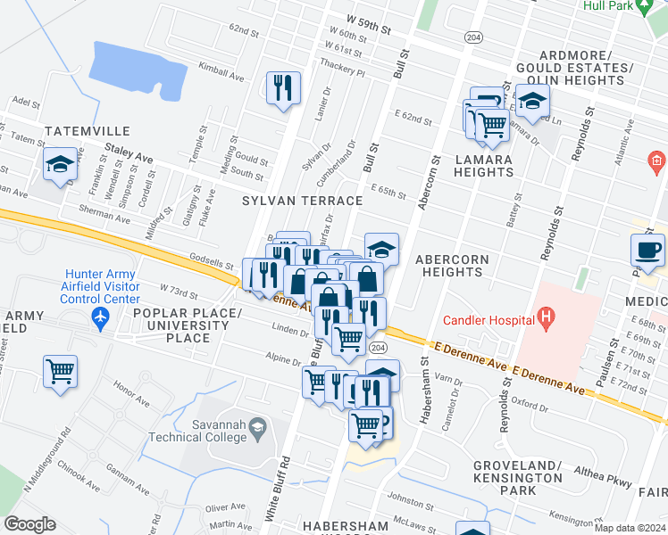 map of restaurants, bars, coffee shops, grocery stores, and more near 7 Berkley Place in Savannah
