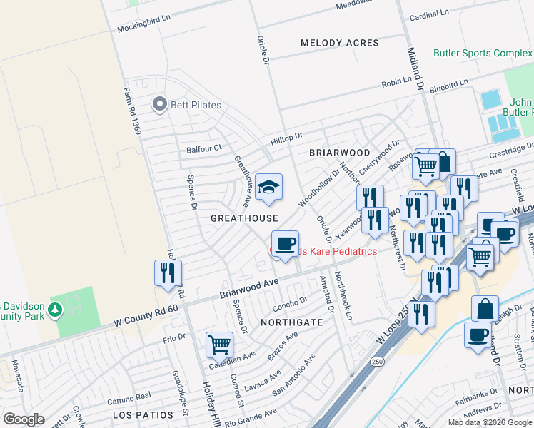 map of restaurants, bars, coffee shops, grocery stores, and more near 5107 Greathouse Avenue in Midland