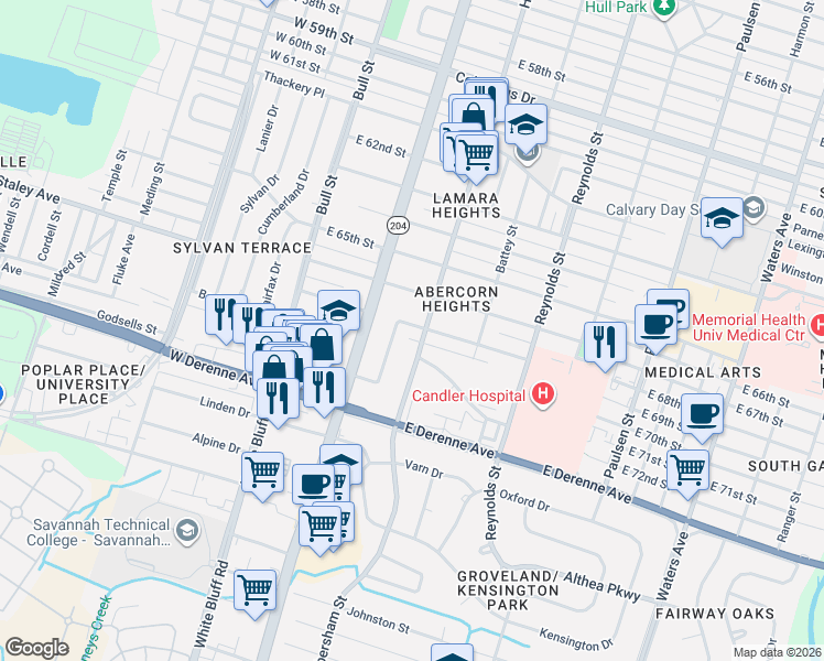 map of restaurants, bars, coffee shops, grocery stores, and more near 140 Brandywine Road in Savannah