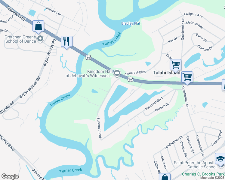 map of restaurants, bars, coffee shops, grocery stores, and more near 542 Suncrest Boulevard in Savannah