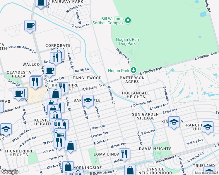 map of restaurants, bars, coffee shops, grocery stores, and more near 3200 North Lamesa Road in Midland