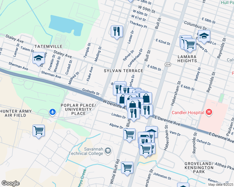 map of restaurants, bars, coffee shops, grocery stores, and more near 5330 Montgomery Street in Savannah