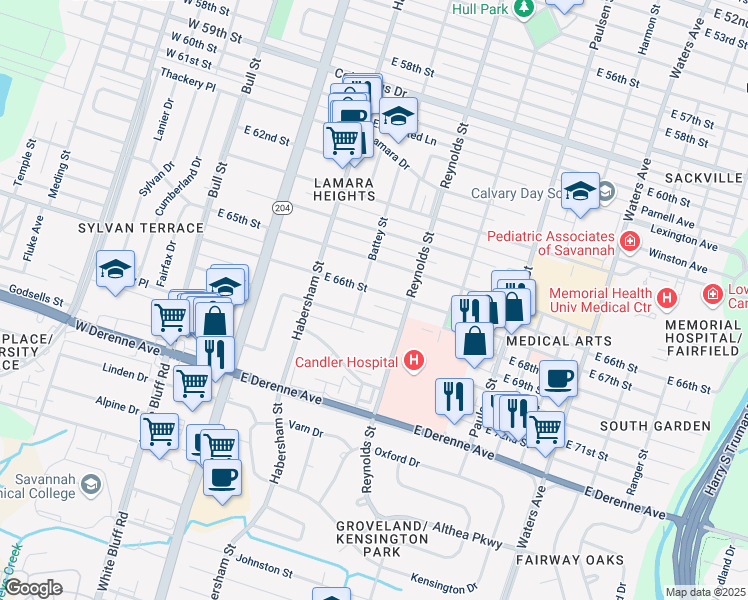 map of restaurants, bars, coffee shops, grocery stores, and more near 305 East 66th Street in Savannah