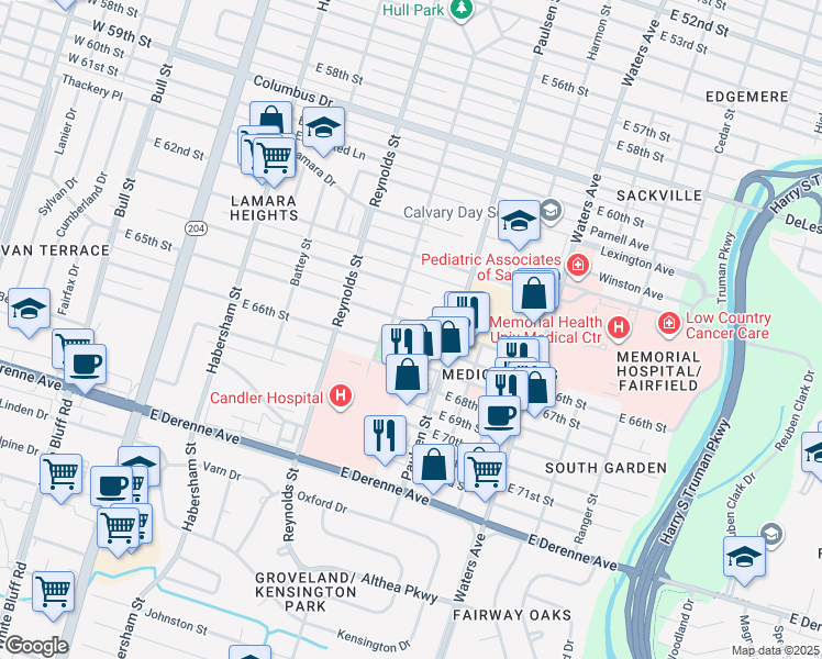 map of restaurants, bars, coffee shops, grocery stores, and more near 507 East 65th Street in Savannah