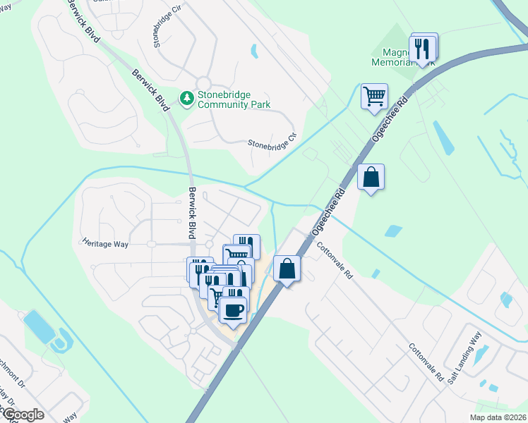map of restaurants, bars, coffee shops, grocery stores, and more near 58 Travertine Circle in Savannah