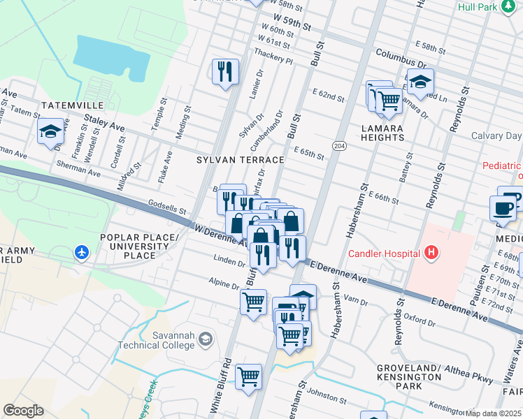 map of restaurants, bars, coffee shops, grocery stores, and more near 7 Berkley Place in Savannah