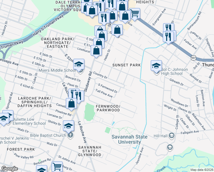 map of restaurants, bars, coffee shops, grocery stores, and more near 2112 South Fernwood Drive in Savannah