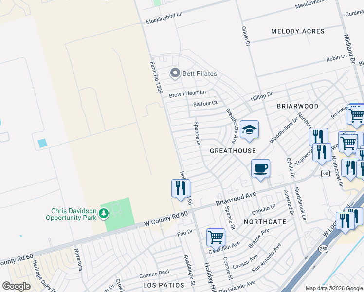 map of restaurants, bars, coffee shops, grocery stores, and more near 5311 Mathis Street in Midland