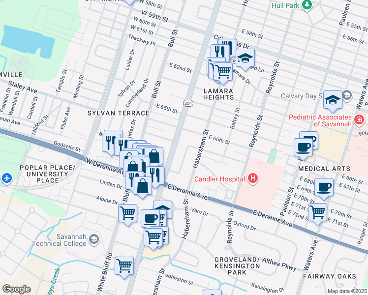 map of restaurants, bars, coffee shops, grocery stores, and more near 128 Brandywine Road in Savannah
