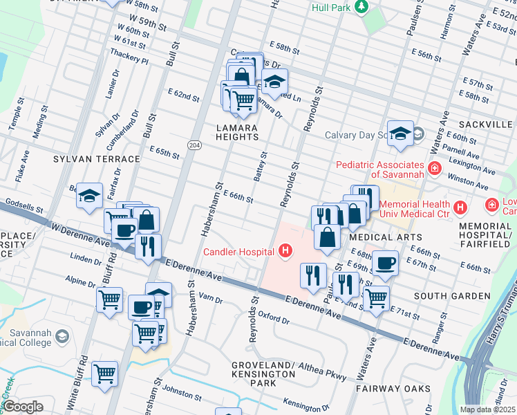 map of restaurants, bars, coffee shops, grocery stores, and more near 305 East 66th Street in Savannah