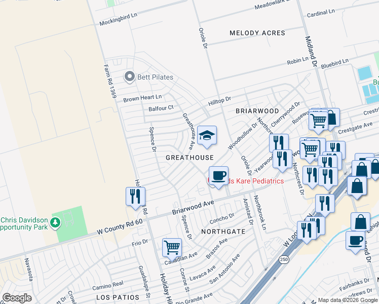 map of restaurants, bars, coffee shops, grocery stores, and more near Greathouse Avenue in Midland