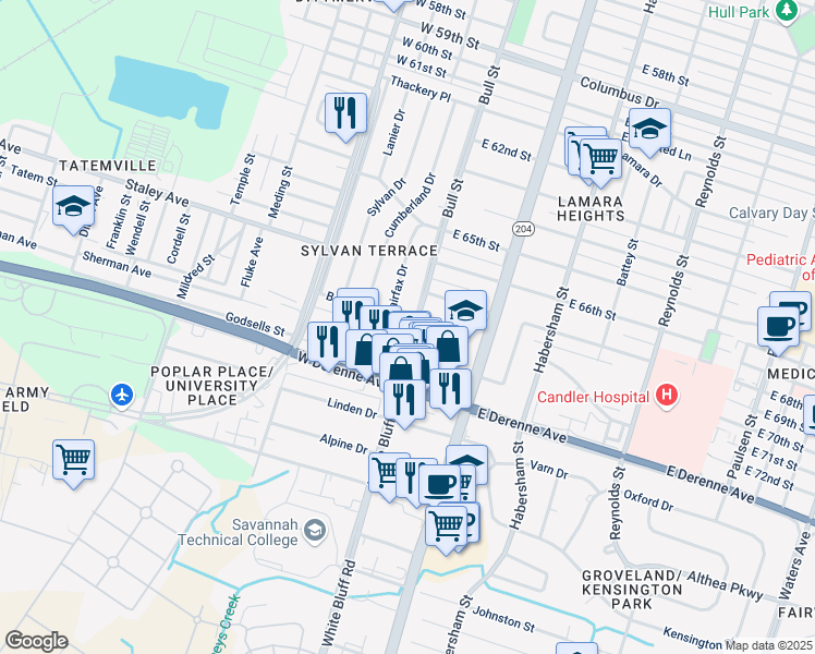 map of restaurants, bars, coffee shops, grocery stores, and more near 7 Berkley Place in Savannah