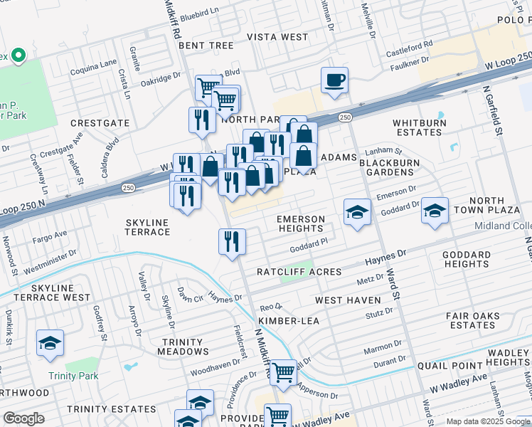 map of restaurants, bars, coffee shops, grocery stores, and more near 3113 Tealwood Place in Midland