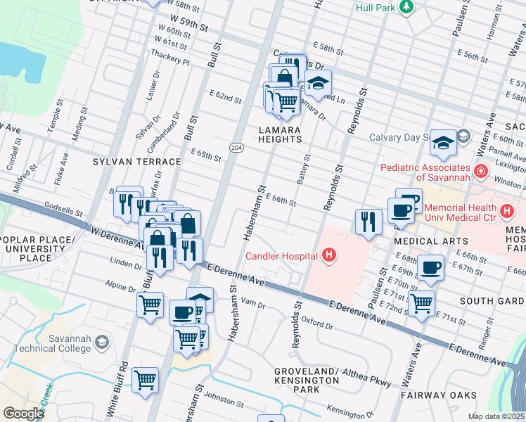 map of restaurants, bars, coffee shops, grocery stores, and more near 140 Brandywine Road in Savannah
