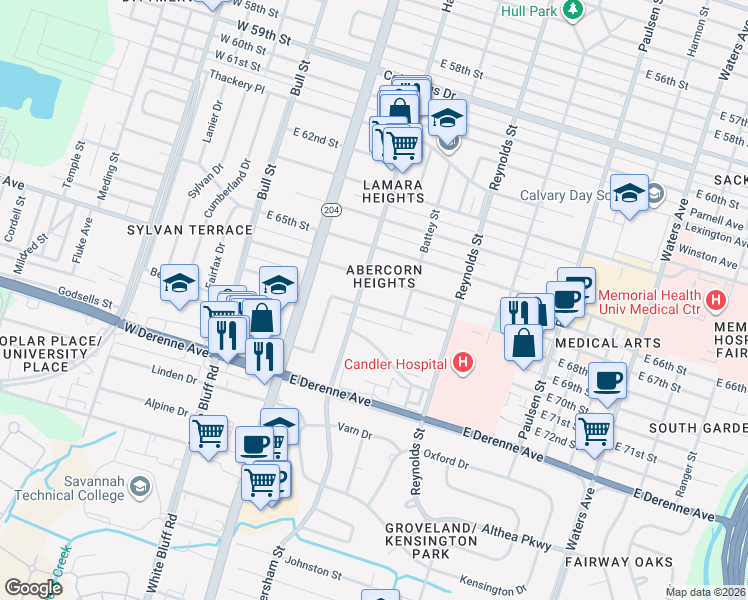 map of restaurants, bars, coffee shops, grocery stores, and more near 212 Brandywine Road in Savannah