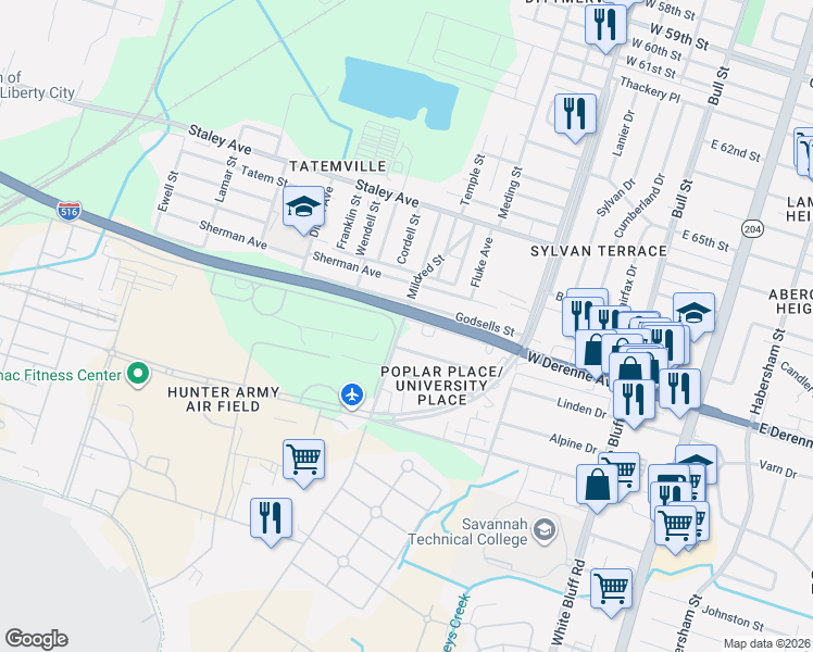 map of restaurants, bars, coffee shops, grocery stores, and more near 5408 Mildred Street in Savannah