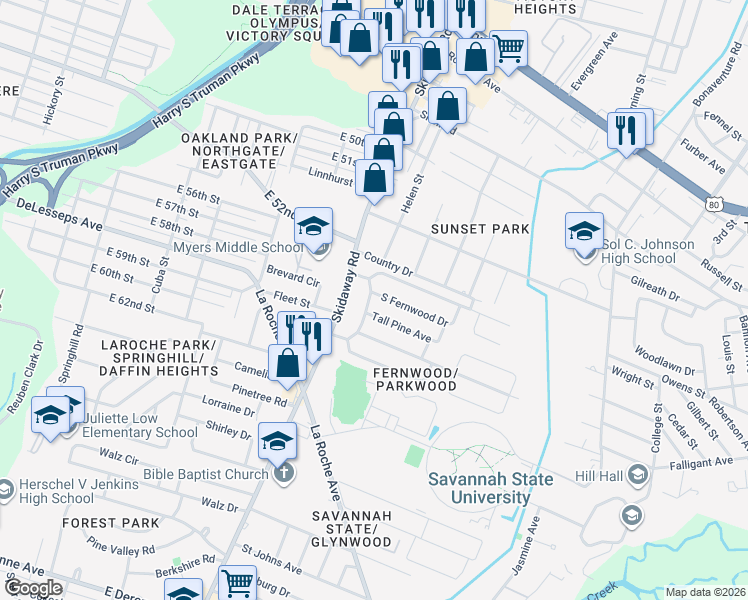 map of restaurants, bars, coffee shops, grocery stores, and more near 2101 South Fernwood Drive in Savannah