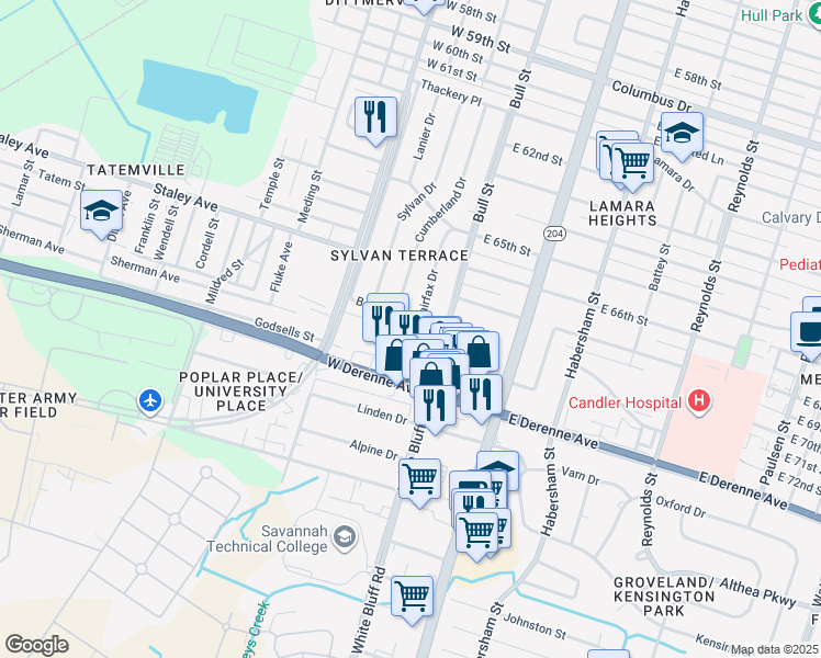 map of restaurants, bars, coffee shops, grocery stores, and more near 7 Berkley Place in Savannah