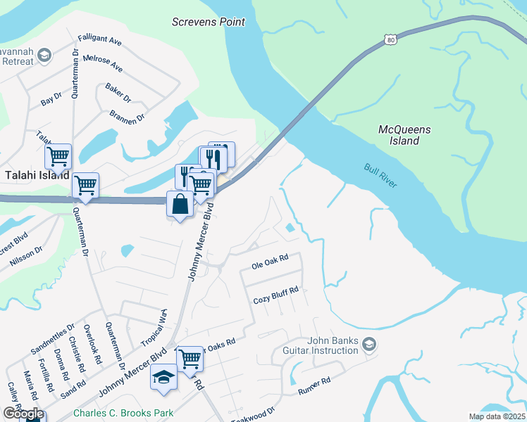 map of restaurants, bars, coffee shops, grocery stores, and more near 54 Bull River Bluff Drive in Savannah