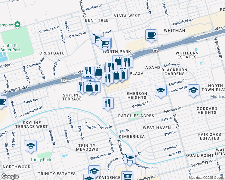 map of restaurants, bars, coffee shops, grocery stores, and more near 3212 Tealwood Place in Midland