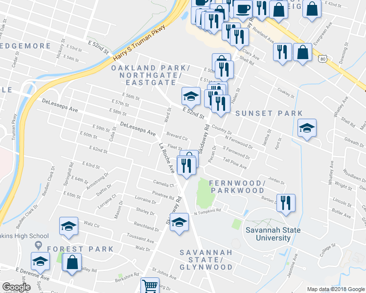 map of restaurants, bars, coffee shops, grocery stores, and more near 2334 Fleet Street in Savannah