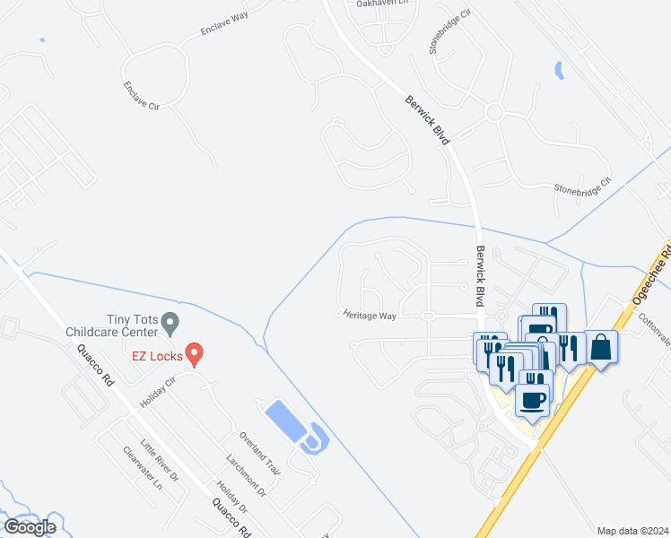 map of restaurants, bars, coffee shops, grocery stores, and more near 61 Heritage Way in Savannah