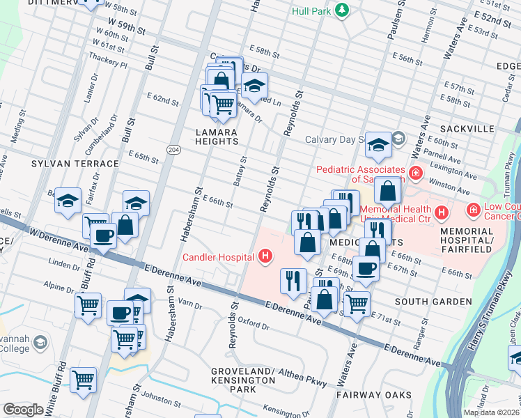 map of restaurants, bars, coffee shops, grocery stores, and more near 318 East 66th Street in Savannah