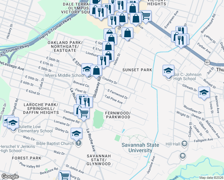 map of restaurants, bars, coffee shops, grocery stores, and more near 2112 South Fernwood Drive in Savannah