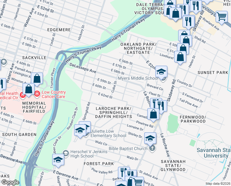 map of restaurants, bars, coffee shops, grocery stores, and more near 2105 East 60th Street in Savannah