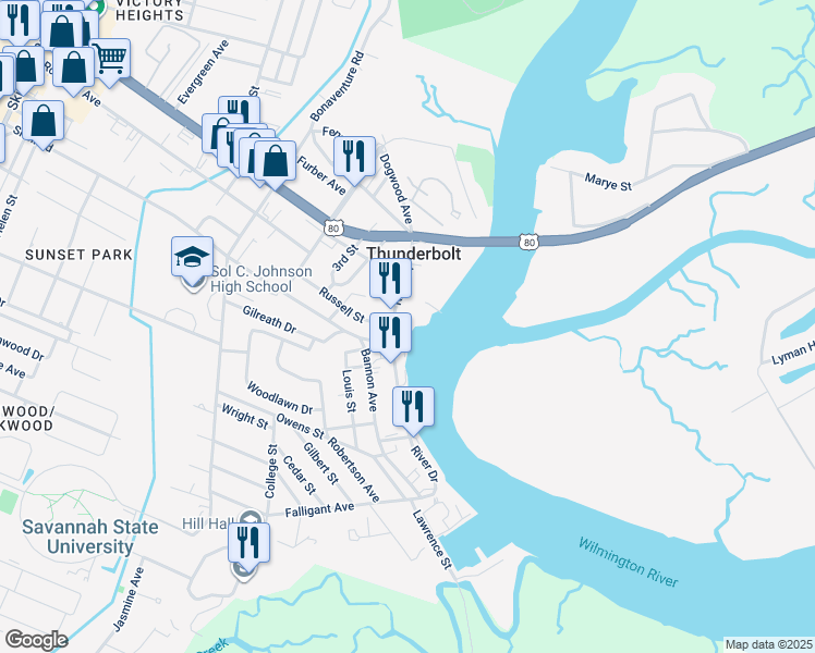 map of restaurants, bars, coffee shops, grocery stores, and more near 2812 River Drive in Savannah