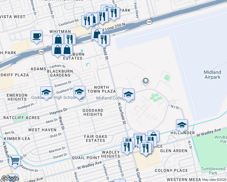 map of restaurants, bars, coffee shops, grocery stores, and more near 2303 Siesta Lane in Midland