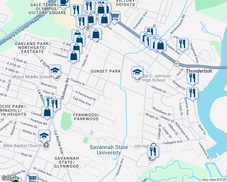 map of restaurants, bars, coffee shops, grocery stores, and more near 3310 April Street in Savannah