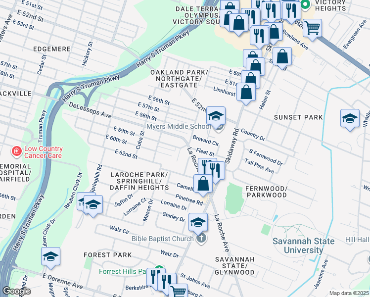map of restaurants, bars, coffee shops, grocery stores, and more near 4407 Caroline Drive in Savannah