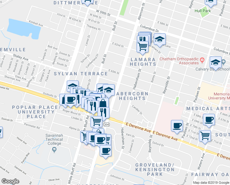 map of restaurants, bars, coffee shops, grocery stores, and more near 5111 Abercorn St in Savannah