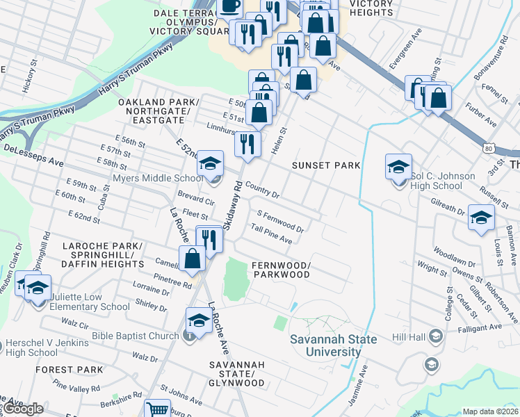 map of restaurants, bars, coffee shops, grocery stores, and more near 2101 South Fernwood Drive in Savannah