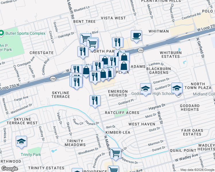 map of restaurants, bars, coffee shops, grocery stores, and more near 3113 Tealwood Place in Midland