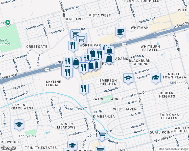 map of restaurants, bars, coffee shops, grocery stores, and more near 3134 Tealwood Place in Midland
