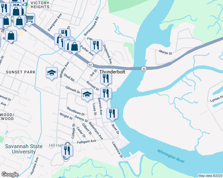 map of restaurants, bars, coffee shops, grocery stores, and more near 2812 River Drive in Savannah