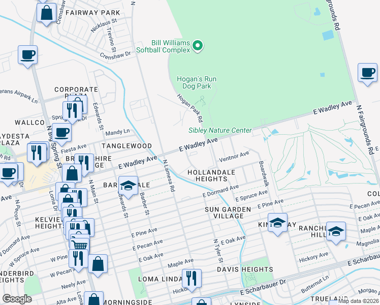 map of restaurants, bars, coffee shops, grocery stores, and more near 3203 Sage Street in Midland