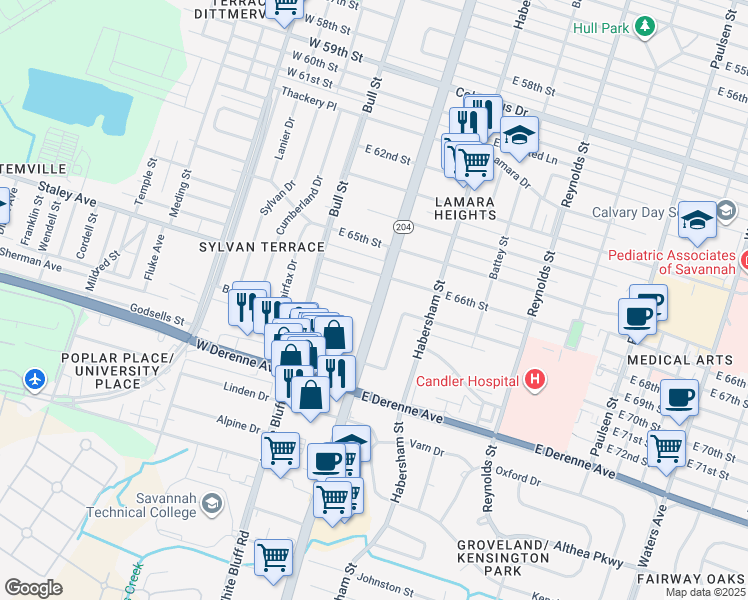 map of restaurants, bars, coffee shops, grocery stores, and more near 128 Brandywine Road in Savannah