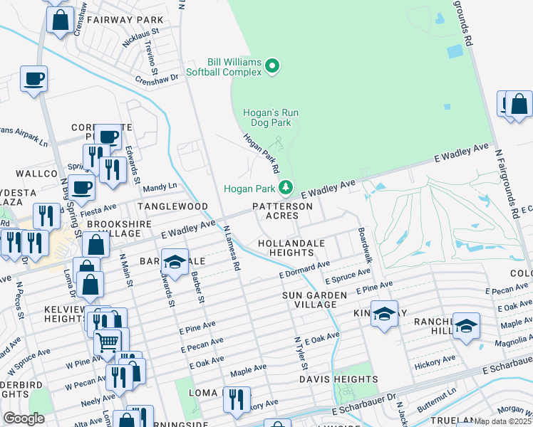 map of restaurants, bars, coffee shops, grocery stores, and more near 1212 East Wadley Avenue in Midland