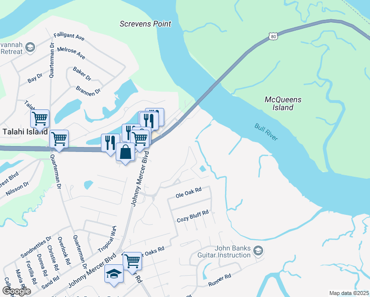 map of restaurants, bars, coffee shops, grocery stores, and more near 54 Bull River Bluff Drive in Savannah