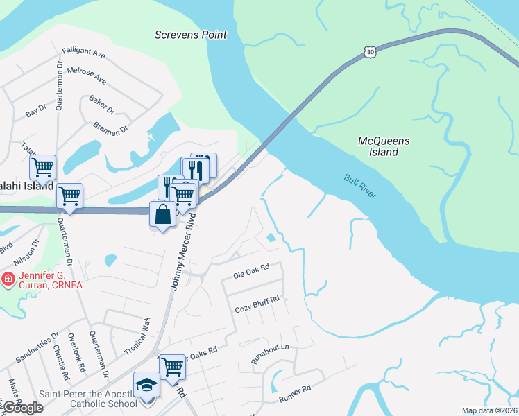 map of restaurants, bars, coffee shops, grocery stores, and more near 98 Bull River Bluff Drive in Savannah