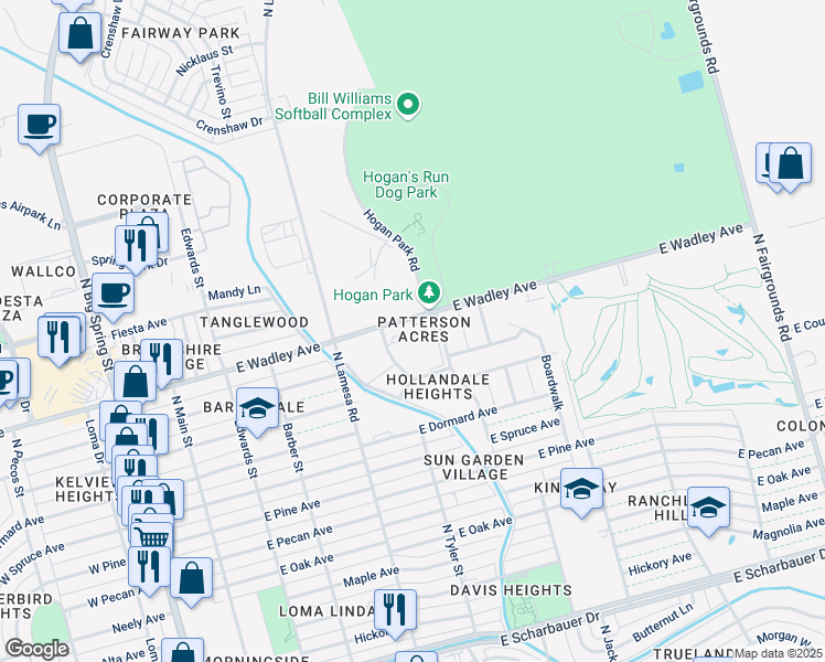 map of restaurants, bars, coffee shops, grocery stores, and more near 1212 East Wadley Avenue in Midland