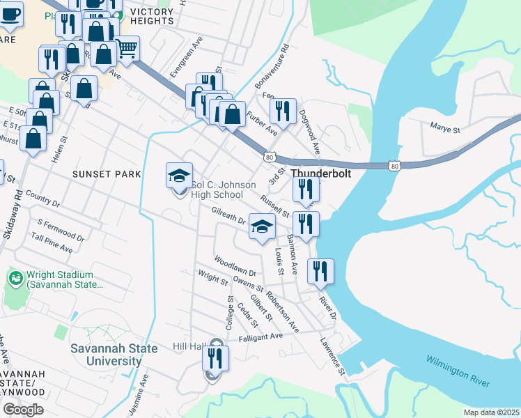 map of restaurants, bars, coffee shops, grocery stores, and more near 3216 Gilreath Drive in Savannah
