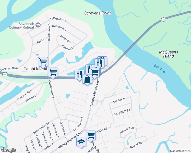 map of restaurants, bars, coffee shops, grocery stores, and more near 4595 U.S. 80 in Savannah