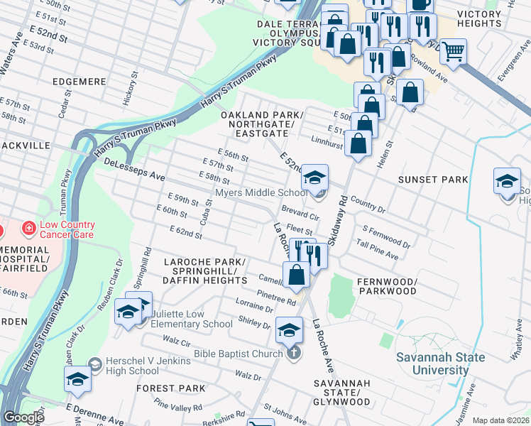 map of restaurants, bars, coffee shops, grocery stores, and more near 2225 DeLesseps Avenue in Savannah