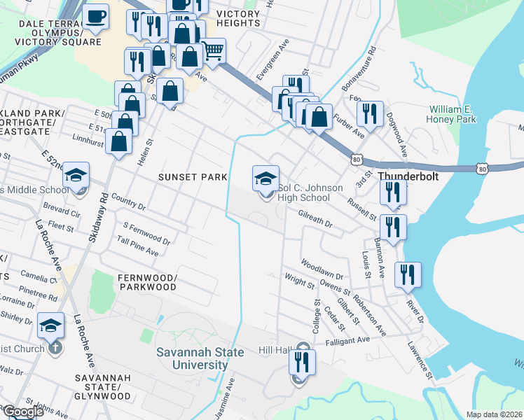 map of restaurants, bars, coffee shops, grocery stores, and more near 3012 Sunset Boulevard in Savannah