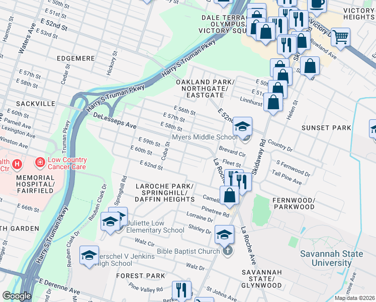 map of restaurants, bars, coffee shops, grocery stores, and more near 2128 DeLesseps Avenue in Savannah