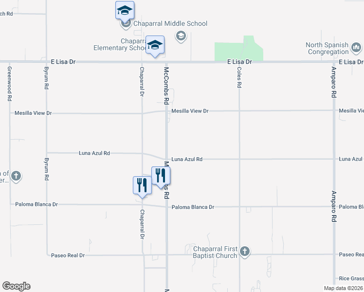 map of restaurants, bars, coffee shops, grocery stores, and more near 316 Luna Azul Drive in Chaparral